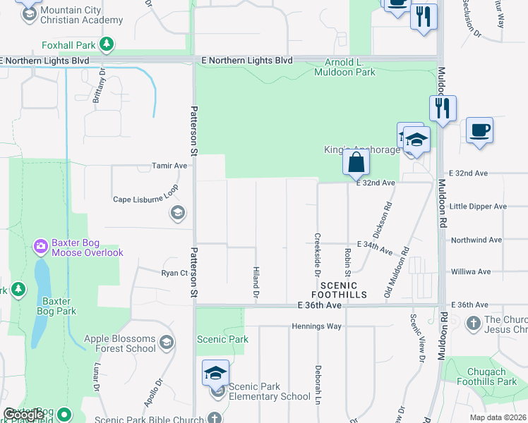 map of restaurants, bars, coffee shops, grocery stores, and more near 3218 Upland Drive in Anchorage