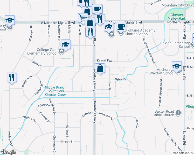 map of restaurants, bars, coffee shops, grocery stores, and more near 3307 Boniface Parkway in Anchorage