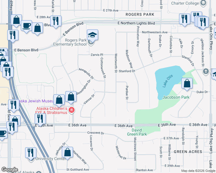 map of restaurants, bars, coffee shops, grocery stores, and more near 3200 Wentworth Street in Anchorage
