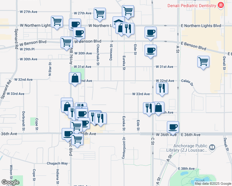 map of restaurants, bars, coffee shops, grocery stores, and more near 3251 Montpelier Court in Anchorage