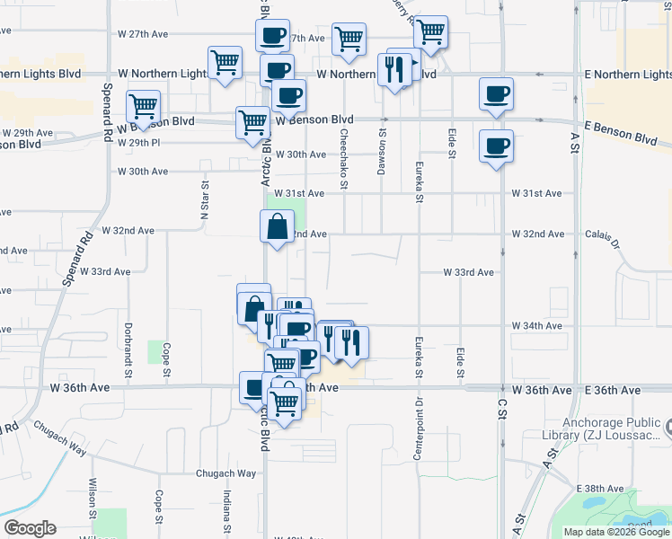 map of restaurants, bars, coffee shops, grocery stores, and more near 3211 Montclaire Court in Anchorage