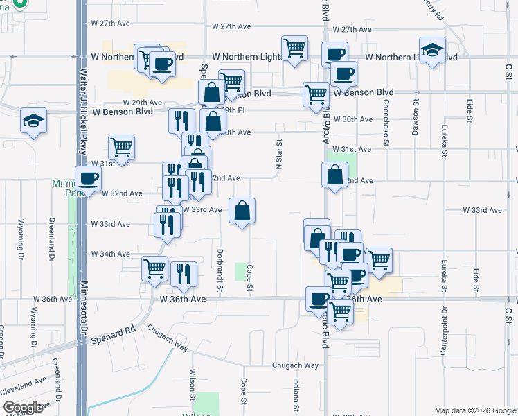 map of restaurants, bars, coffee shops, grocery stores, and more near 3207 Cope Street in Anchorage