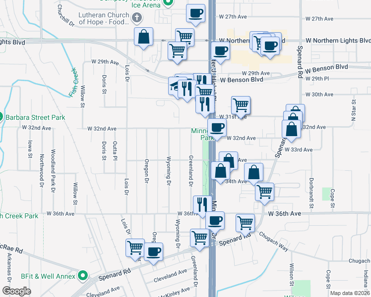 map of restaurants, bars, coffee shops, grocery stores, and more near 3209 Wyoming Drive in Anchorage