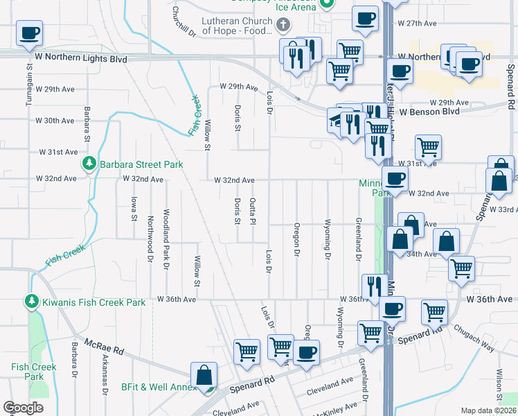 map of restaurants, bars, coffee shops, grocery stores, and more near 3210 Lois Drive in Anchorage