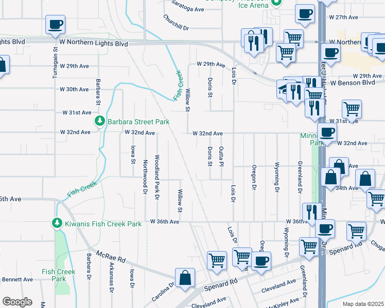 map of restaurants, bars, coffee shops, grocery stores, and more near 3214 Muriel Place in Anchorage