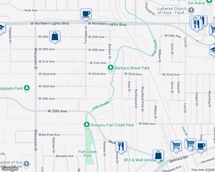 map of restaurants, bars, coffee shops, grocery stores, and more near 2609 West 33rd Avenue in Anchorage