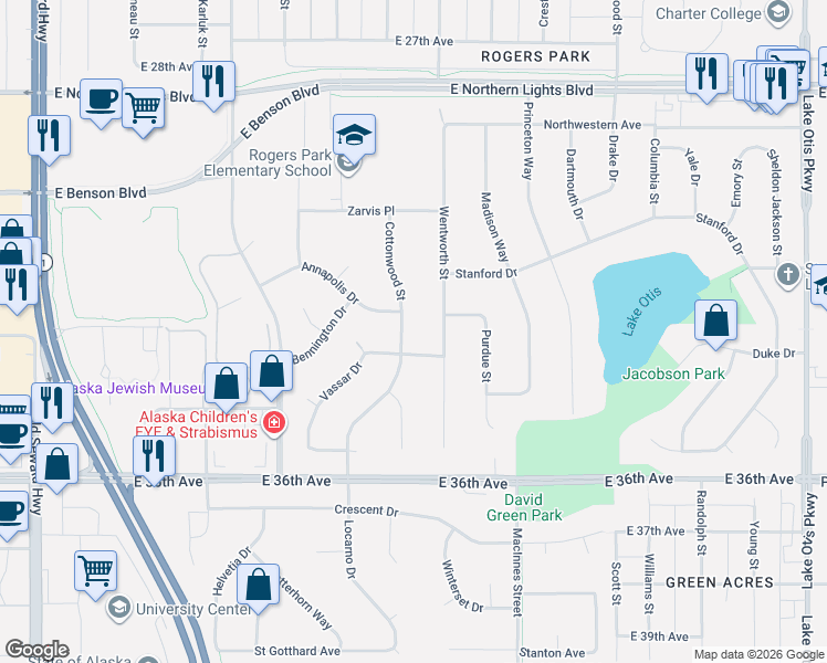 map of restaurants, bars, coffee shops, grocery stores, and more near 3200 Wentworth Street in Anchorage
