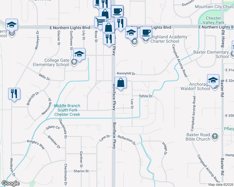 map of restaurants, bars, coffee shops, grocery stores, and more near 3307 Boniface Parkway in Anchorage