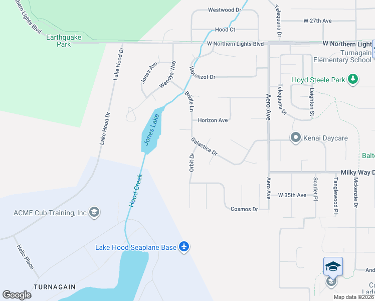 map of restaurants, bars, coffee shops, grocery stores, and more near 3310 Orbit Drive in Anchorage