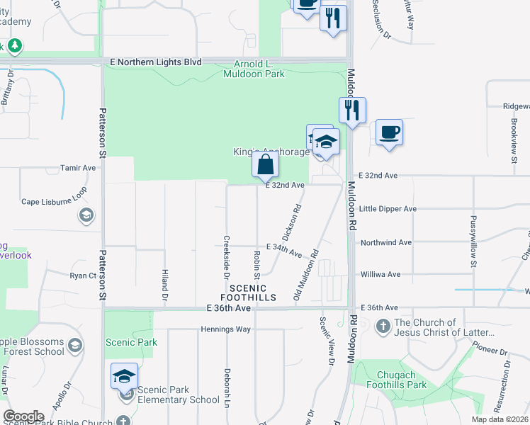 map of restaurants, bars, coffee shops, grocery stores, and more near 3237 Robin Street in Anchorage