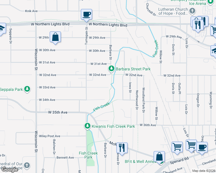 map of restaurants, bars, coffee shops, grocery stores, and more near 2609 West 33rd Avenue in Anchorage