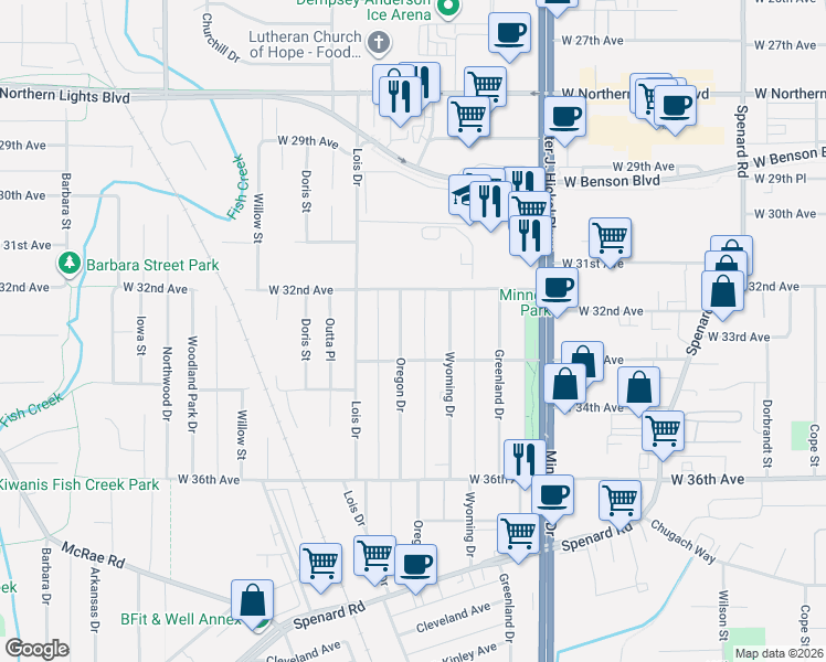 map of restaurants, bars, coffee shops, grocery stores, and more near 3208 Oregon Drive in Anchorage