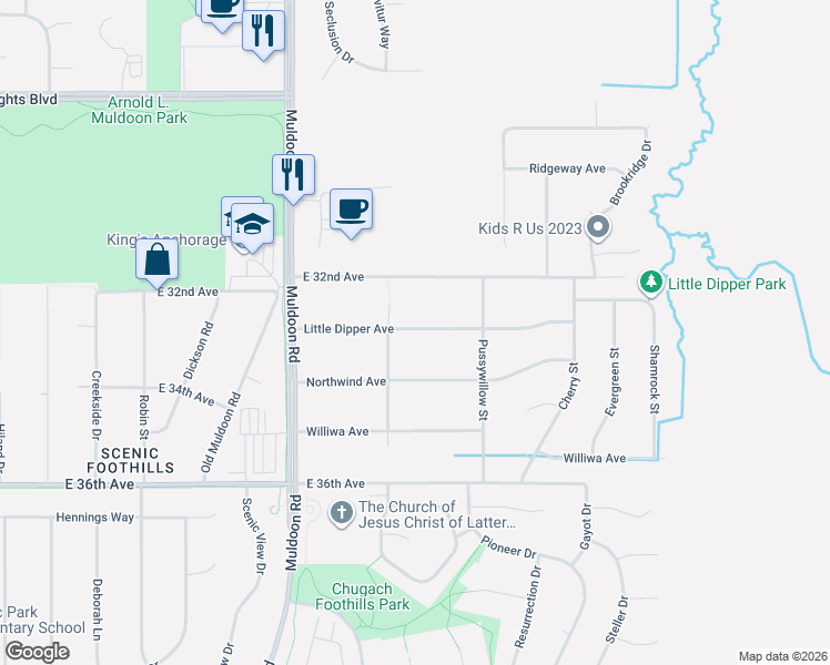 map of restaurants, bars, coffee shops, grocery stores, and more near 8121 Little Dipper Avenue in Anchorage