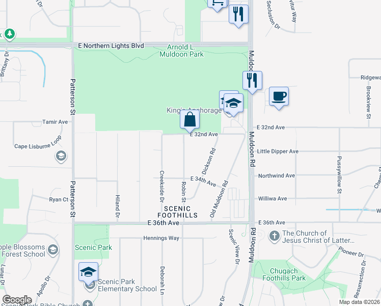 map of restaurants, bars, coffee shops, grocery stores, and more near 3237 Robin Street in Anchorage
