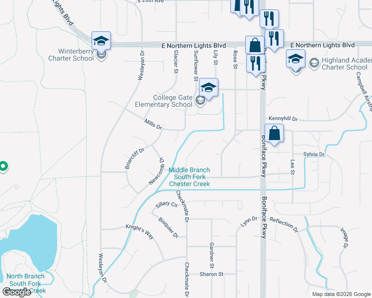 map of restaurants, bars, coffee shops, grocery stores, and more near 3123 Regis Court in Anchorage