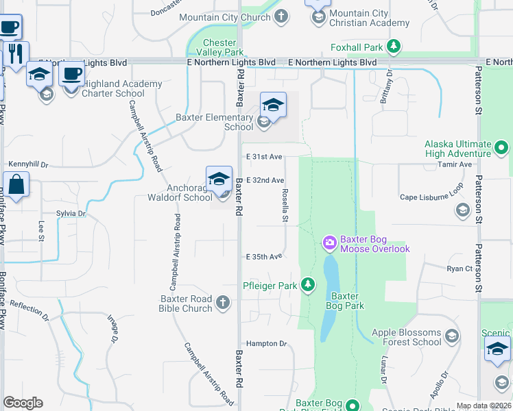 map of restaurants, bars, coffee shops, grocery stores, and more near 3217 Baxter Road in Anchorage