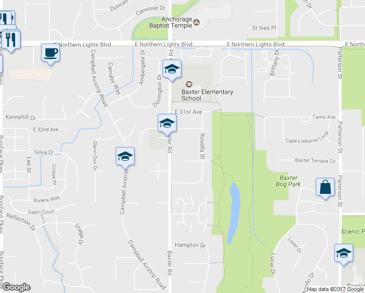 map of restaurants, bars, coffee shops, grocery stores, and more near 3225 Baxter Rd in Anchorage