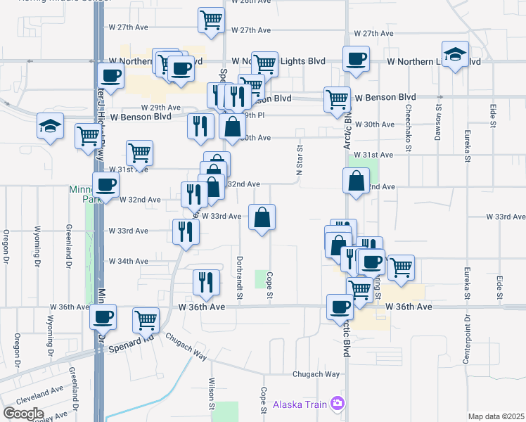 map of restaurants, bars, coffee shops, grocery stores, and more near 3207 Cope Street in Anchorage