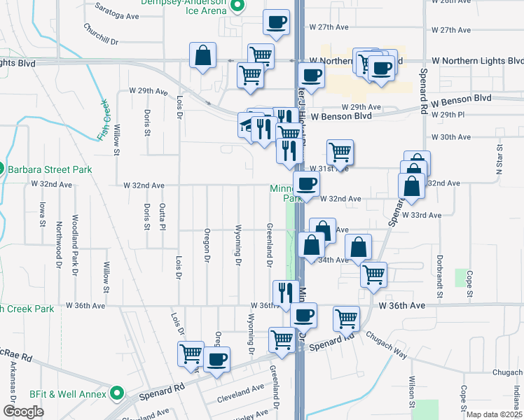 map of restaurants, bars, coffee shops, grocery stores, and more near 3209 Wyoming Drive in Anchorage