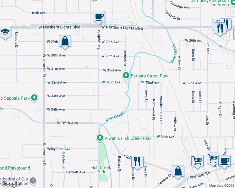 map of restaurants, bars, coffee shops, grocery stores, and more near 2609 West 33rd Avenue in Anchorage