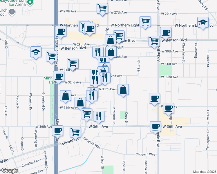 map of restaurants, bars, coffee shops, grocery stores, and more near 1107 W 33rd Ave in Anchorage
