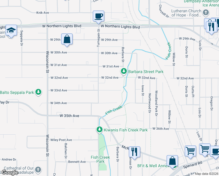 map of restaurants, bars, coffee shops, grocery stores, and more near 2615 West 33rd Avenue in Anchorage