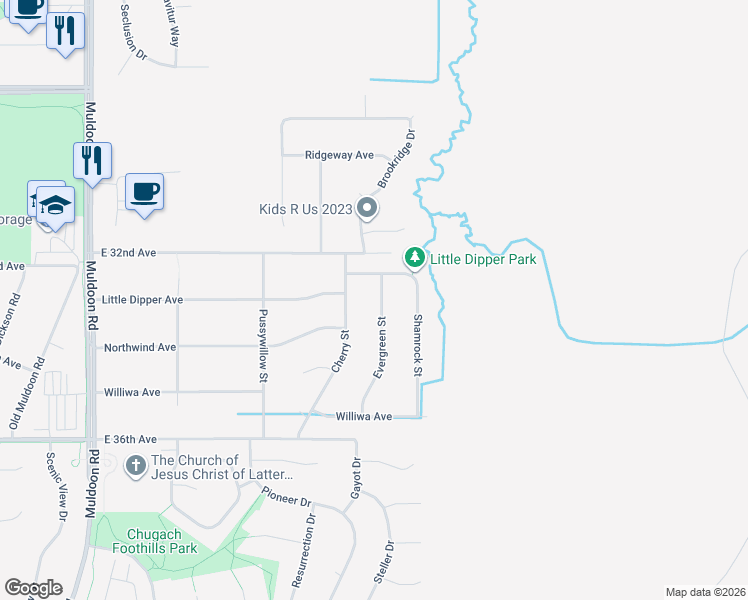 map of restaurants, bars, coffee shops, grocery stores, and more near 3220 Evergreen Street in Anchorage