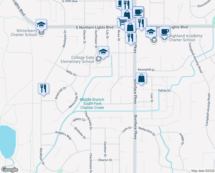 map of restaurants, bars, coffee shops, grocery stores, and more near 5323 Keuka Court in Anchorage