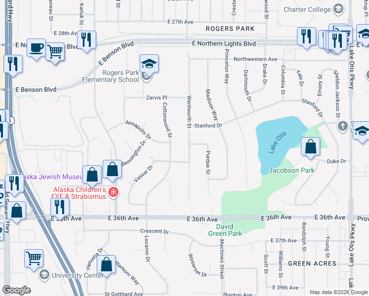 map of restaurants, bars, coffee shops, grocery stores, and more near 3200 Wentworth Street in Anchorage