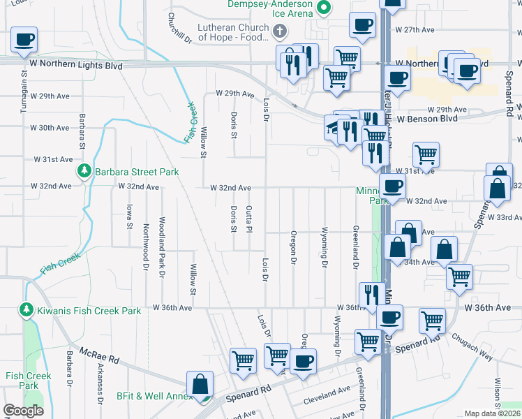 map of restaurants, bars, coffee shops, grocery stores, and more near 3210 Lois Drive in Anchorage