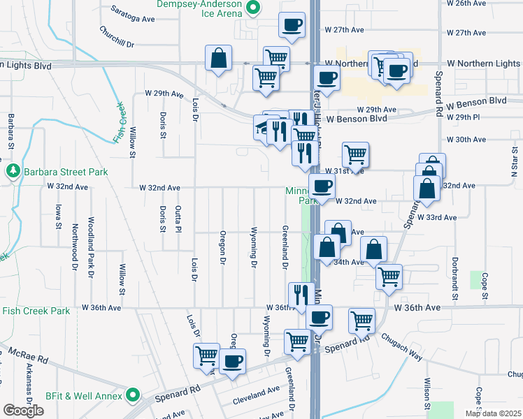 map of restaurants, bars, coffee shops, grocery stores, and more near 3209 Wyoming Drive in Anchorage