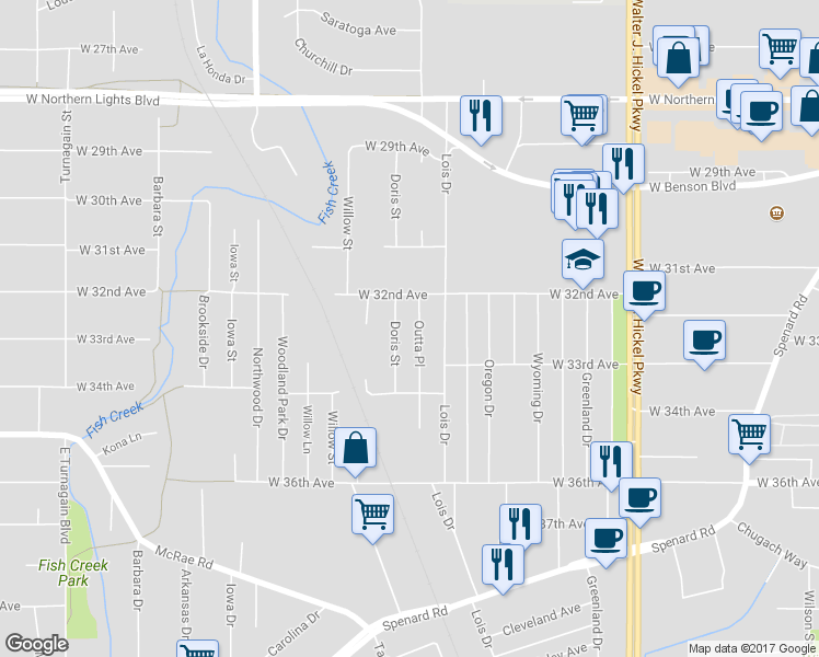 map of restaurants, bars, coffee shops, grocery stores, and more near 3209 Doris Street in Anchorage