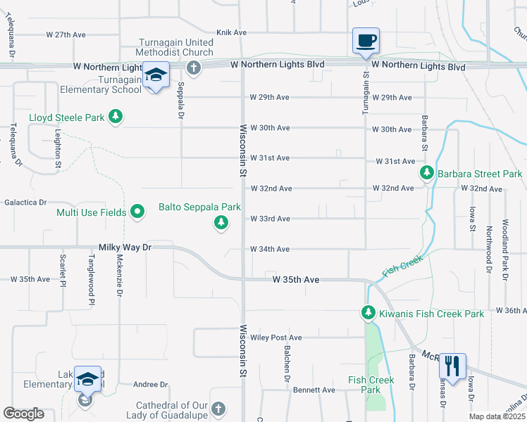 map of restaurants, bars, coffee shops, grocery stores, and more near 3105 West 33rd Avenue in Anchorage