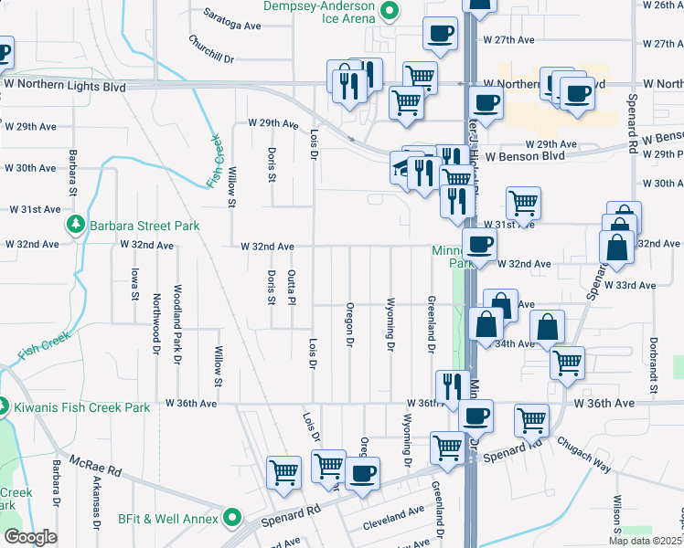 map of restaurants, bars, coffee shops, grocery stores, and more near 3208 Oregon Drive in Anchorage