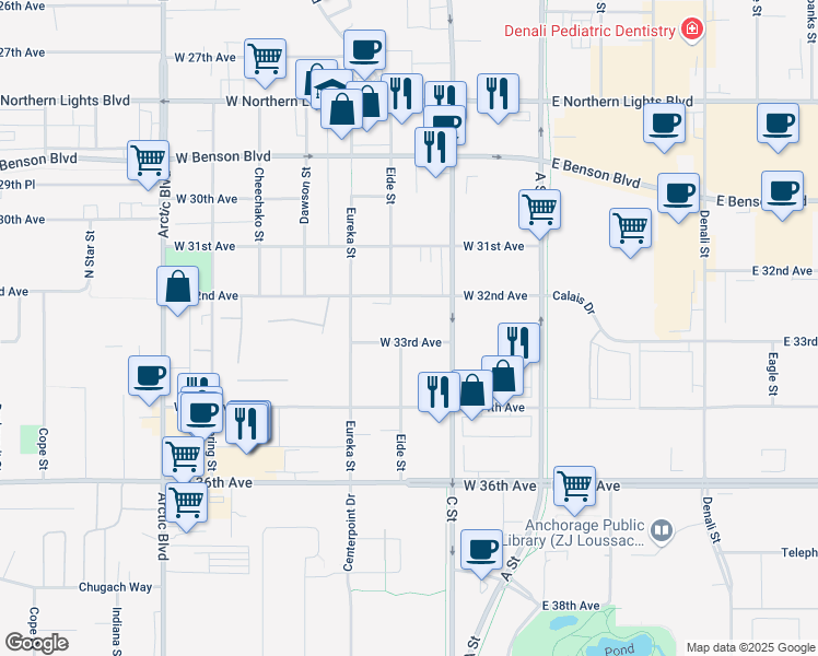 map of restaurants, bars, coffee shops, grocery stores, and more near 337 West 33rd Avenue in Anchorage