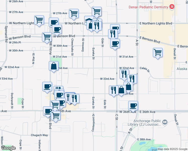 map of restaurants, bars, coffee shops, grocery stores, and more near in Anchorage