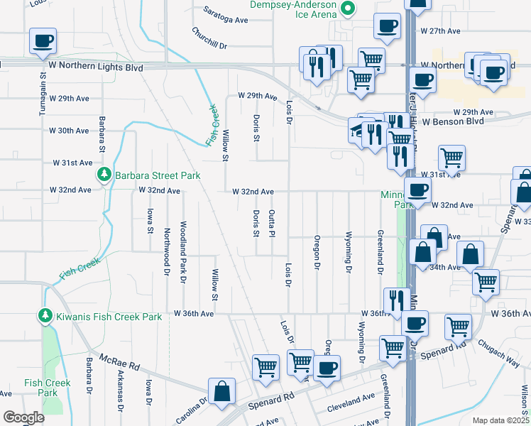 map of restaurants, bars, coffee shops, grocery stores, and more near 3209 Doris Street in Anchorage