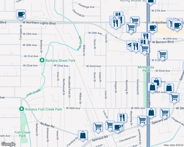 map of restaurants, bars, coffee shops, grocery stores, and more near 3214 Muriel Place in Anchorage