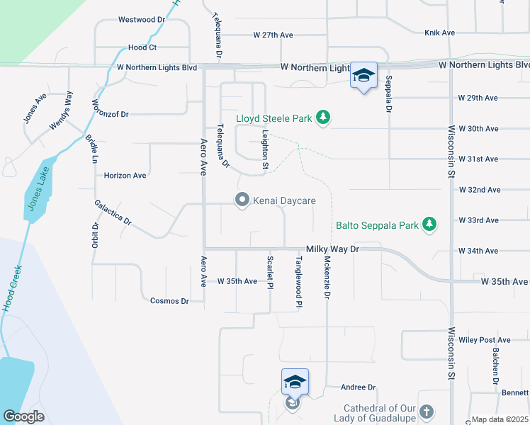 map of restaurants, bars, coffee shops, grocery stores, and more near 3808 Galactica Drive in Anchorage