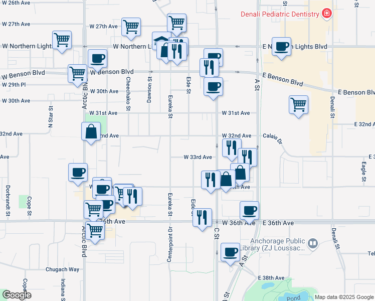 map of restaurants, bars, coffee shops, grocery stores, and more near 337 West 33rd Avenue in Anchorage