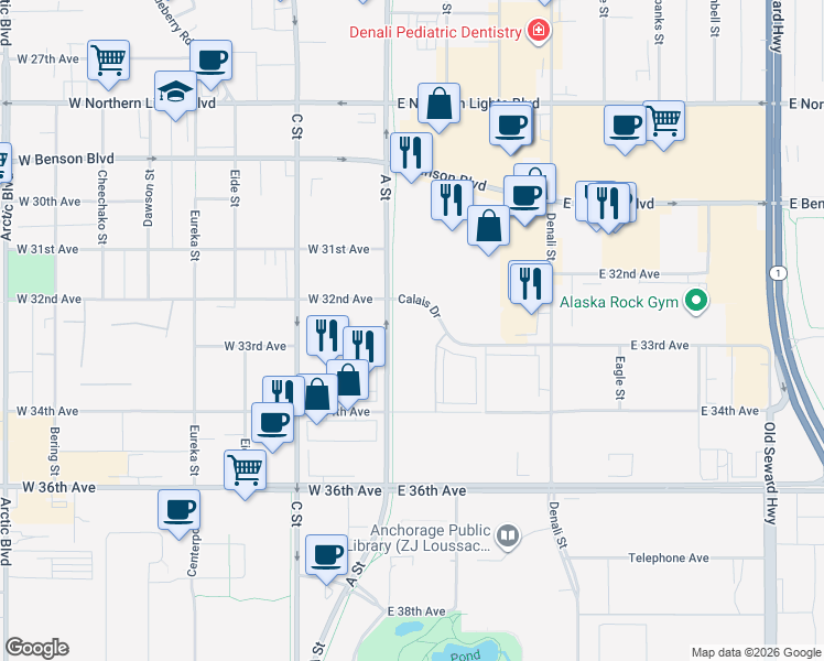 map of restaurants, bars, coffee shops, grocery stores, and more near 100 Calais Drive in Anchorage