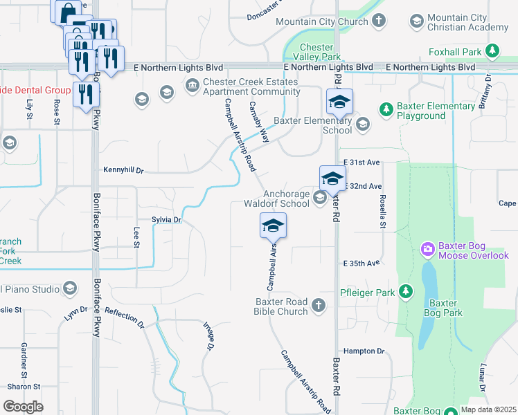 map of restaurants, bars, coffee shops, grocery stores, and more near 3107 Glenn-Don Drive in Anchorage