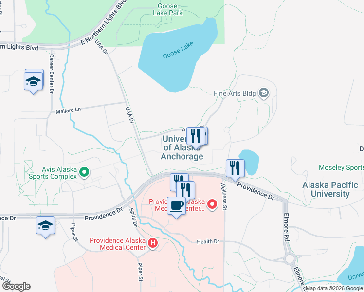 map of restaurants, bars, coffee shops, grocery stores, and more near 3211 Providence Drive in Anchorage