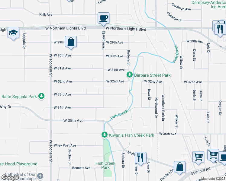 map of restaurants, bars, coffee shops, grocery stores, and more near 2703 W 33rd Ave in Anchorage