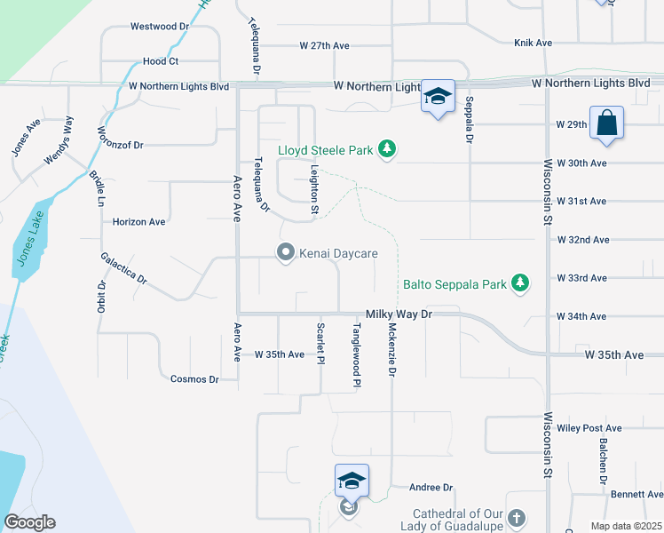 map of restaurants, bars, coffee shops, grocery stores, and more near 3808 Galactica Dr in Anchorage