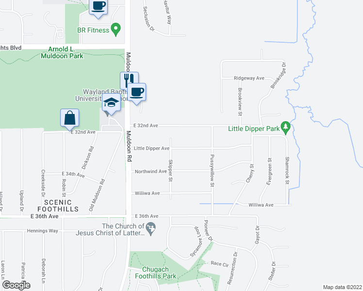 map of restaurants, bars, coffee shops, grocery stores, and more near 8121 Little Dipper Ave in Anchorage