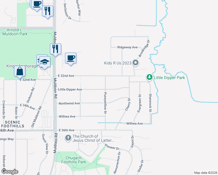 map of restaurants, bars, coffee shops, grocery stores, and more near 8311 Little Dipper Avenue in Anchorage