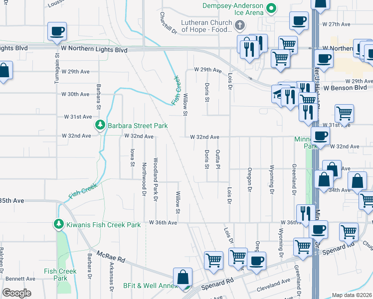 map of restaurants, bars, coffee shops, grocery stores, and more near 3214 Muriel Place in Anchorage