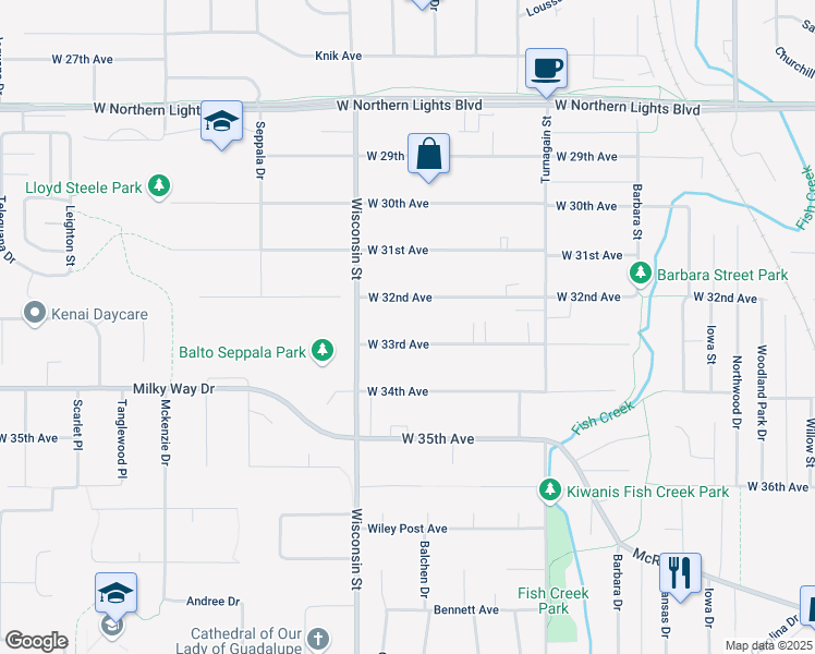map of restaurants, bars, coffee shops, grocery stores, and more near 3105 West 33rd Avenue in Anchorage
