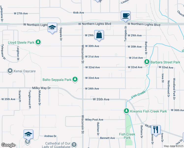 map of restaurants, bars, coffee shops, grocery stores, and more near 3105 West 33rd Avenue in Anchorage